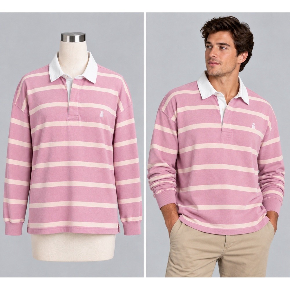 Chubbies Rugby Polo Mens Large Pink Striped Long Sleeve Cotton Preppy Coastal